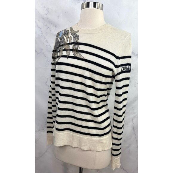 Zadig & Voltaire Cashmere Sweatshirt Sz M Thin Striped Bling Rhinestone Sweater - Picture 2 of 16